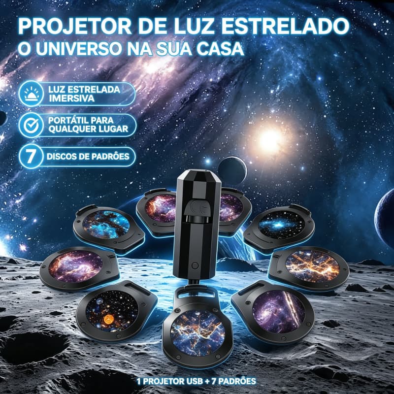 Projetor USB Galáxia Estrelado Luz Noturna Decorativa para Teto e Parede de Quarto