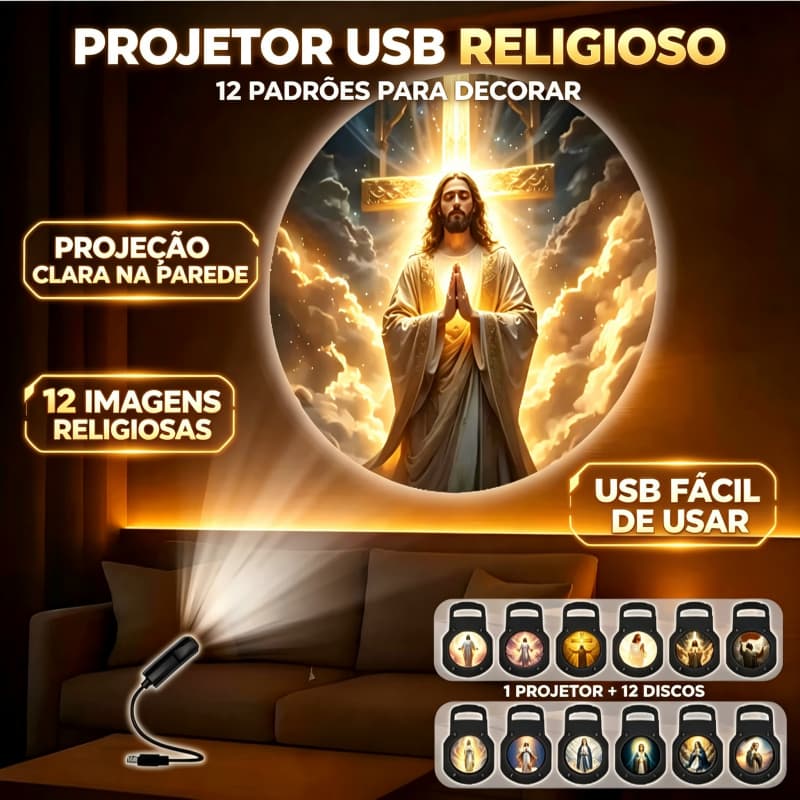 12 Peças Projetor de Luz USB Portátil, 12 Padrões com Personagens Religiosos para Decoração