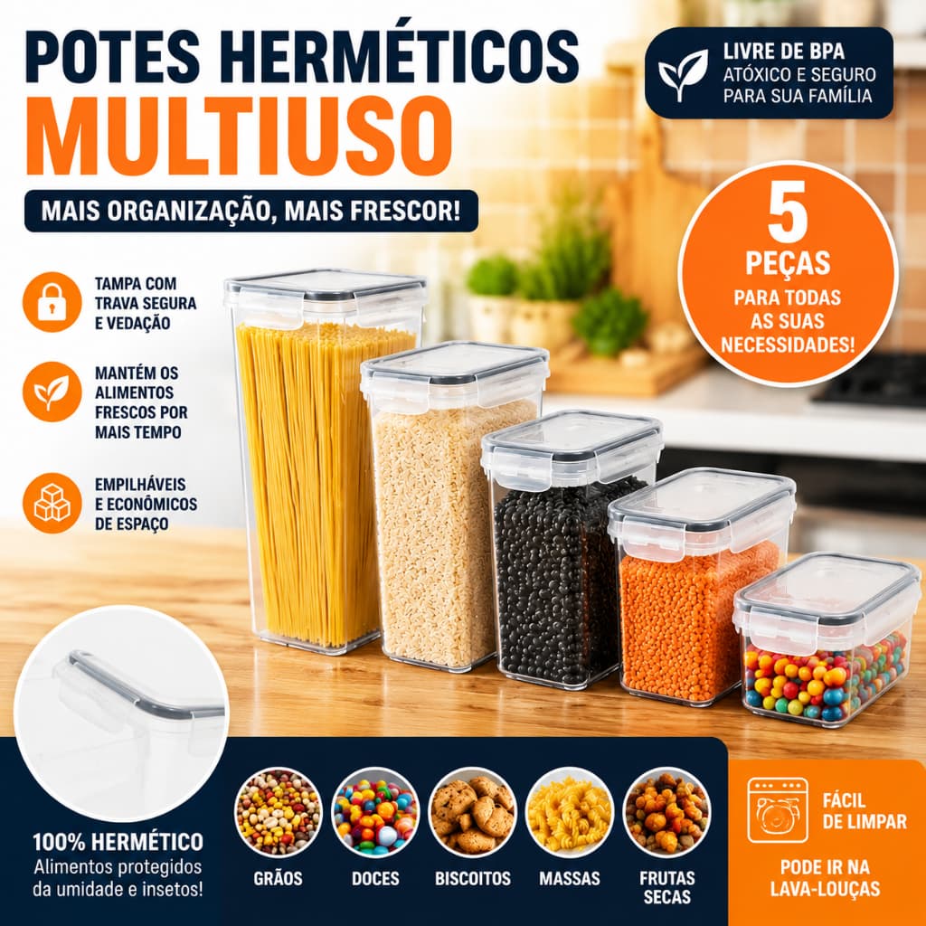 Conjunto De 5 Recipientes Herméticos Empilháveis Para Armazenamento De Alimentos Com Vedação , Sem BPA E Tampas