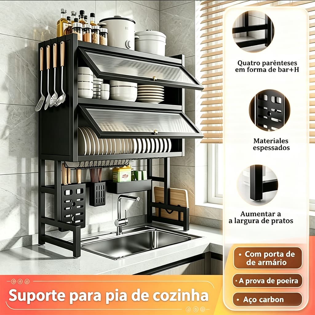 Prateleira Para Pia De Cozinha 3 Camadas Escorredor Louça Suspenso Organizador De Pia 65/75/85/105CM
