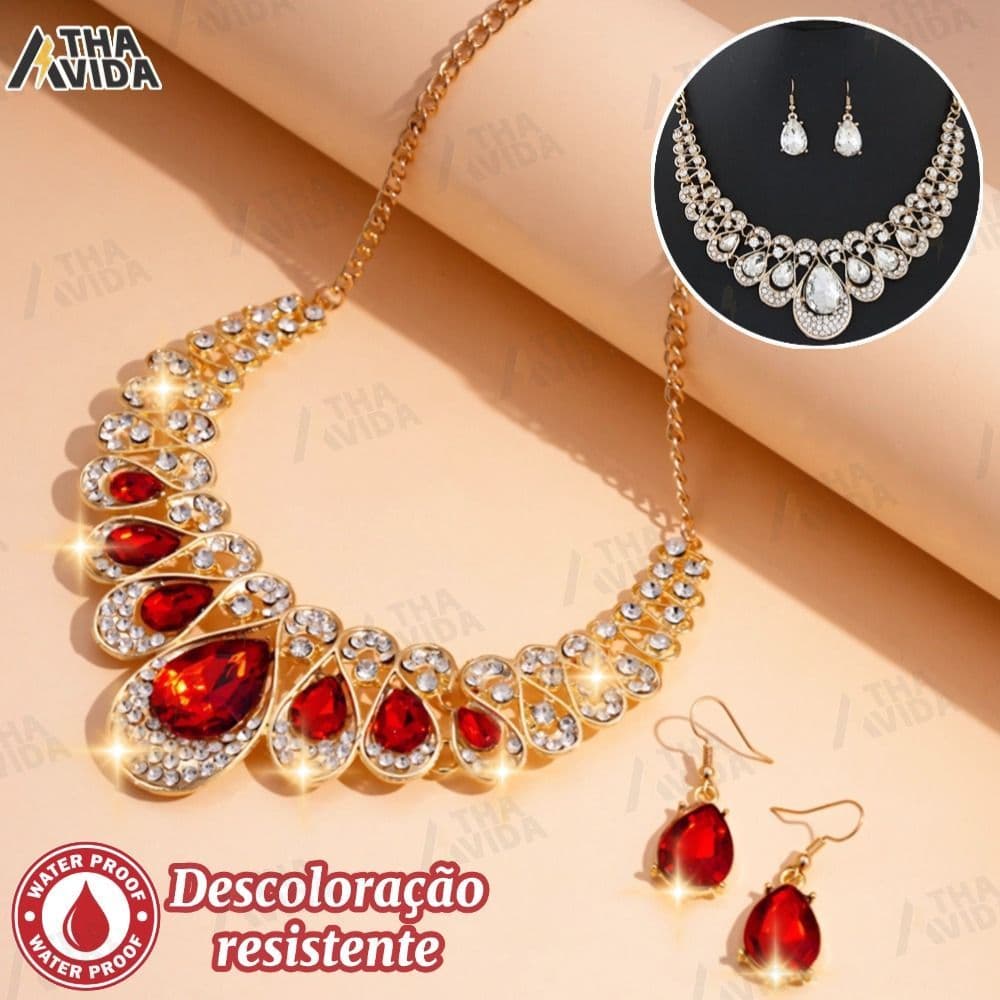 Conjunto De 3 Peças De Brincos E Colar Incrustados De Diamantes Vermelhos Da Sorte Auspiciosos De Para Mulheres