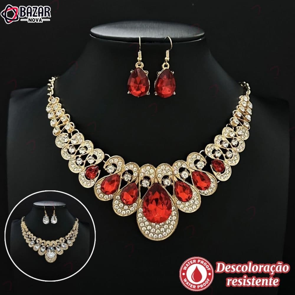 Conjunto De 3 Peças De Brincos E Colar Incrustados De Diamantes Vermelhos Da Sorte Auspiciosos De Para Mulheres