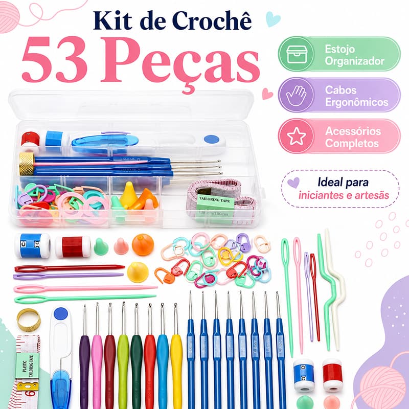 Kit Crochê Completo 53 Peças Para Fazer Amigurumi Agulhas Cabo Soft Tesoura Acessórios Lar das Fitas