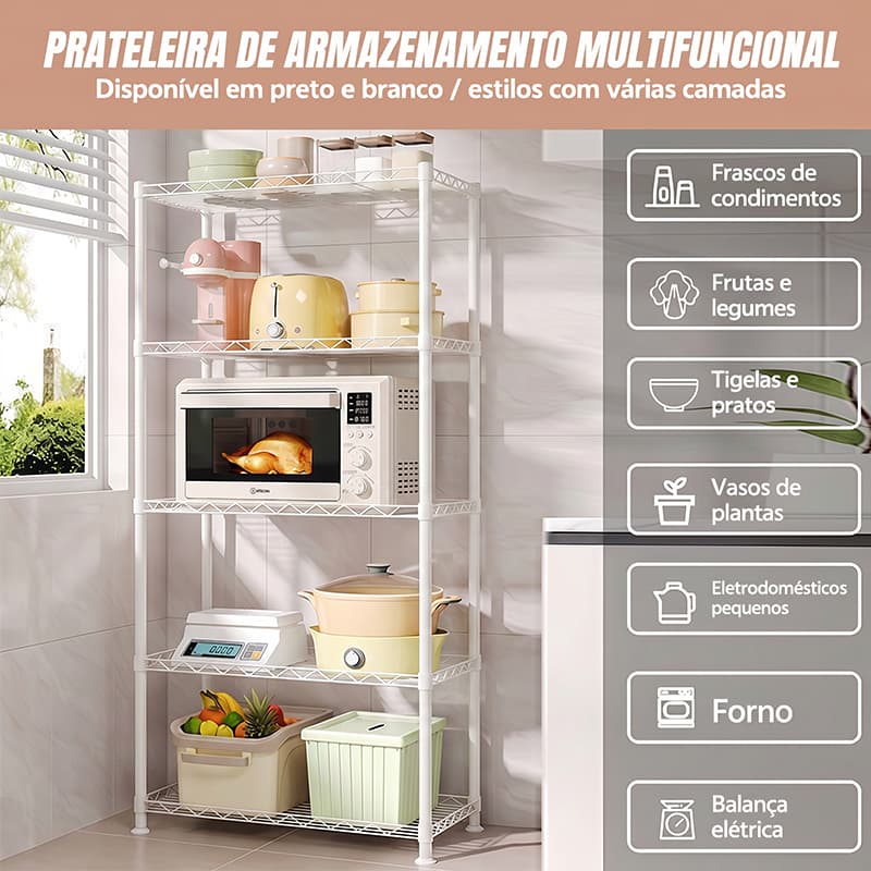 Estante Aramada Prateleiras Aço Regulável Rack Multiuso Cozinha Quarto Loja Organizador Resistente Preto/Branco