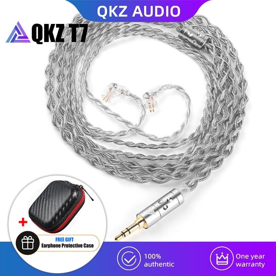 Cabo de atualização para fone de ouvido QKZ T7 com revestimento prateado, plugue de 3,5 mm e conector de 2 pinos