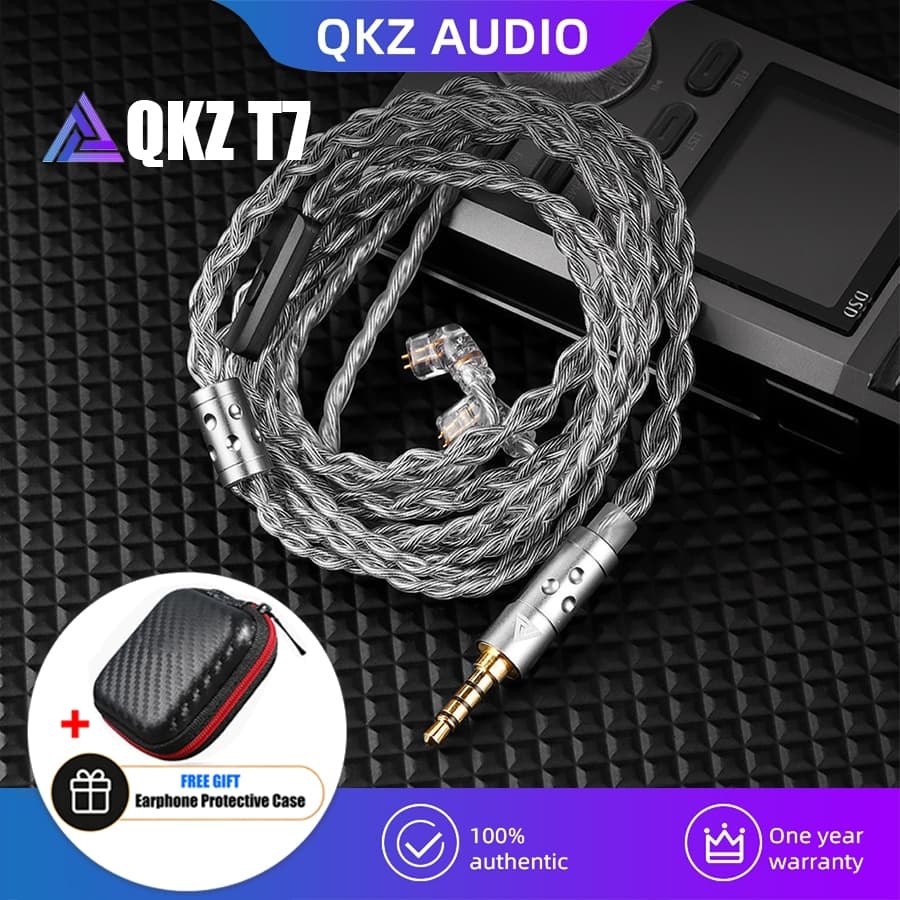Cabo de Áudio para Fones de Ouvido QKZ T7 2-Pinos Banhado a Prata 3.5mm