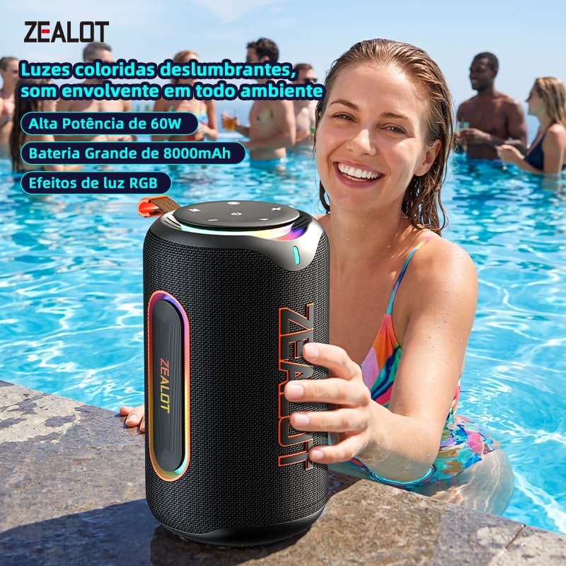 ZEALOT MP1 Alto-Falante Portátil Bluetooth Externo Sem Fio 60W RGB Iluminação TWS Estéreo BT5.4 Bateria Grande De 8000mA