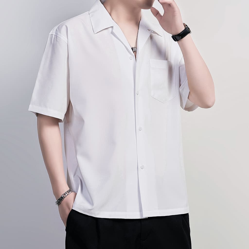Camisa masculina de manga curta de cor sólida com gola cubana, versão coreana, lapela solta, moda Casual, camisa de rua