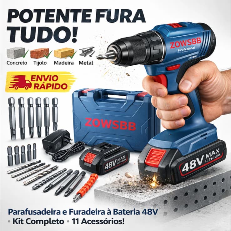 Furadeira parafusadeira 48v Brushless Furadeira elétrica 2 Baterias furadeira de impacto elétrica