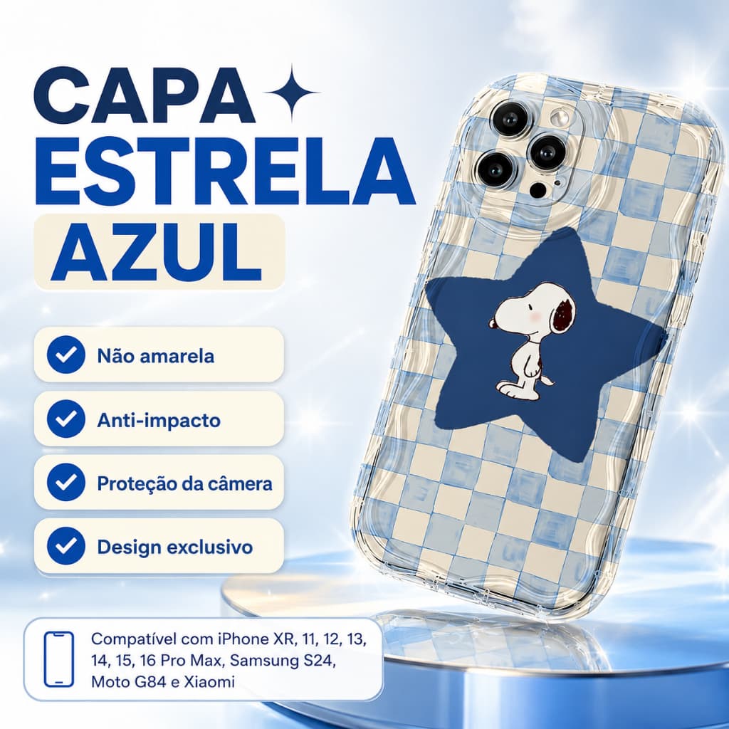 Capa Estrela Azul para iPhone Samsung Moto Xiaomi Snoopy Transparente Anti Impacto Design Fofo Proteção Câmera.