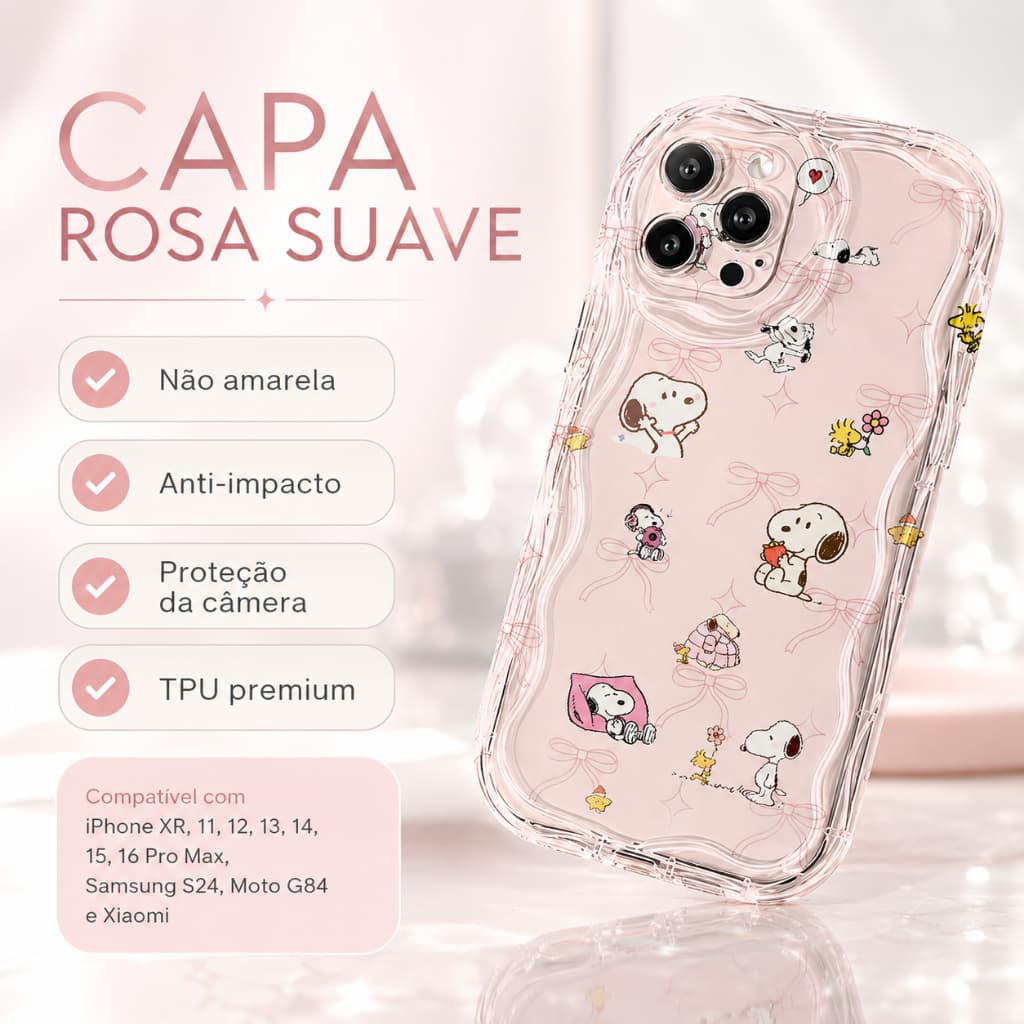 Capinha Rosa Suave para iPhone Samsung Moto Xiaomi Snoopy Laços Transparente TPU Premium Anti Impacto Não Amarela.