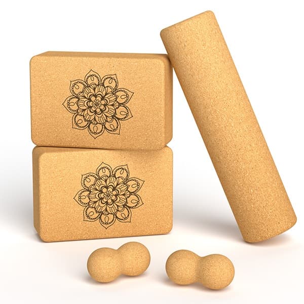 Kit Massagem Yoga Cortiça Natural Bloco + Bola + Bola Amendoim Alívio de Tensão Lombar e Cervical
