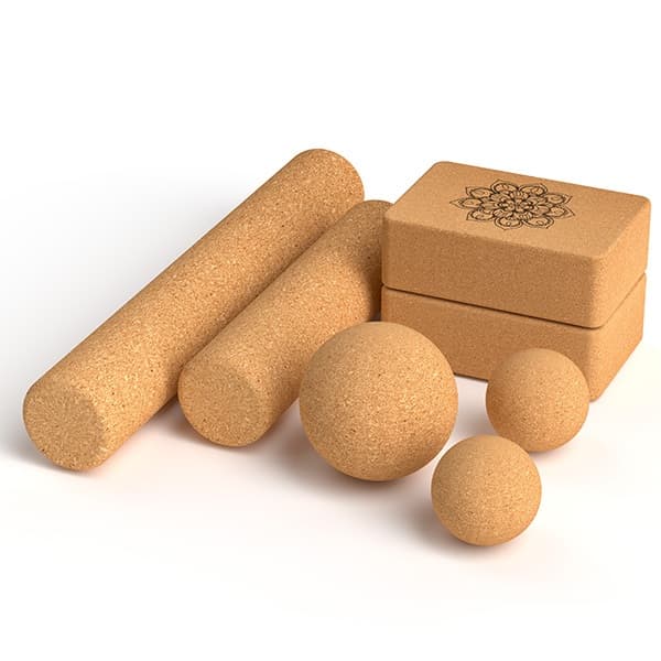 Kit Acessórios Massagem Yoga Cortiça Natural Bloco + Rolo + Bola Liberação Miofascial Ecológico