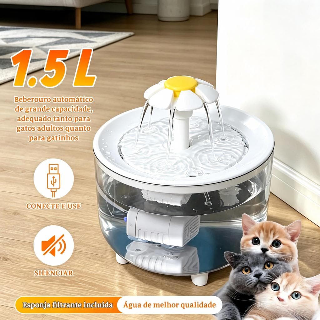 MIW Bebedouro Automático para Gatos com Filtro, Circulação de Água e Bomba USB Silenciosa 1,5L Flores