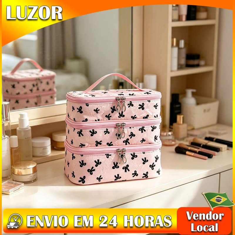 Estilo bonito de três camadas portátil saco cosmético arco impressão grande capacidade casa passeio cuidados com a pele