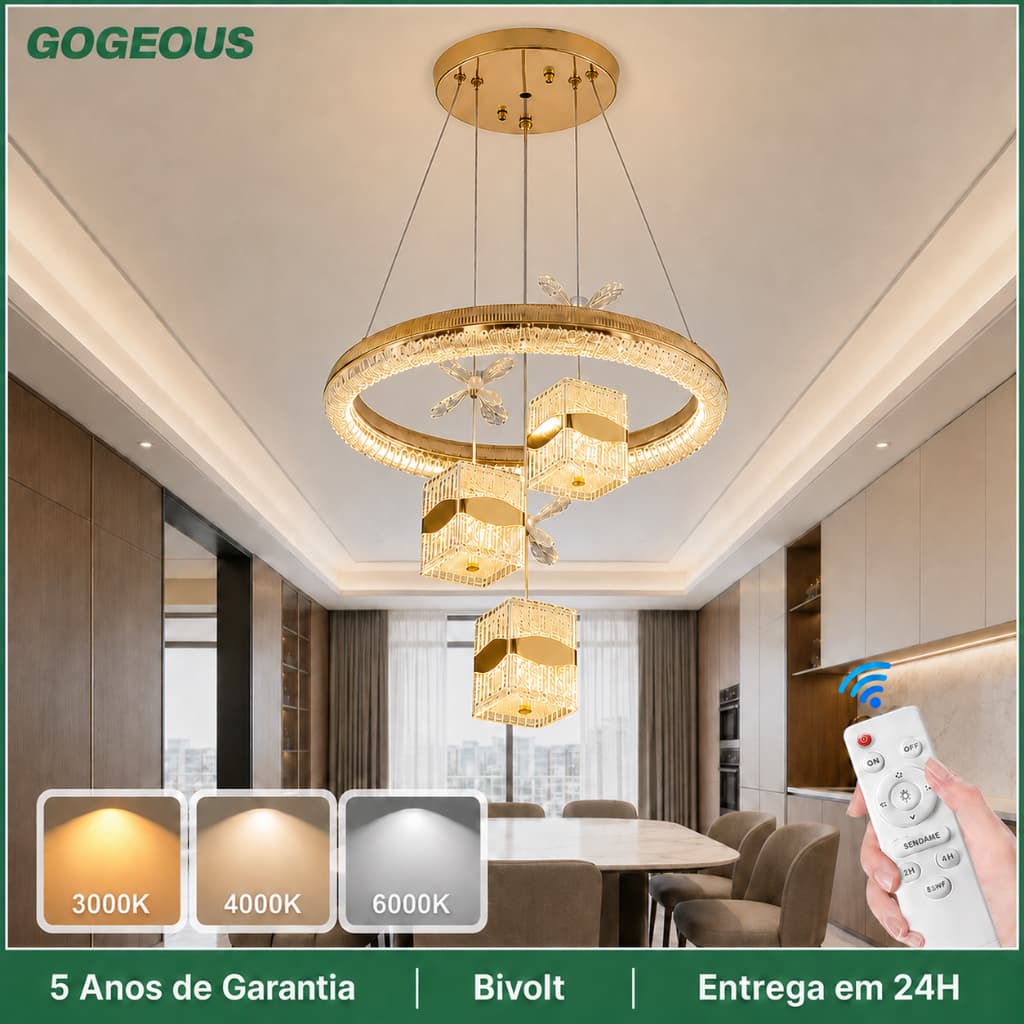 Lustre de Cristal LED Para Sala de Jantar Bivolt 110V 220V com 3 Cores e Controle Remoto Iluminação Moderna
