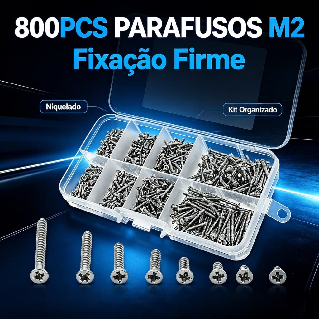 Conjunto de 800 Parafusos M2 Auto-atarraxantes Aço Inoxidável 304  Caixa Organizadora
