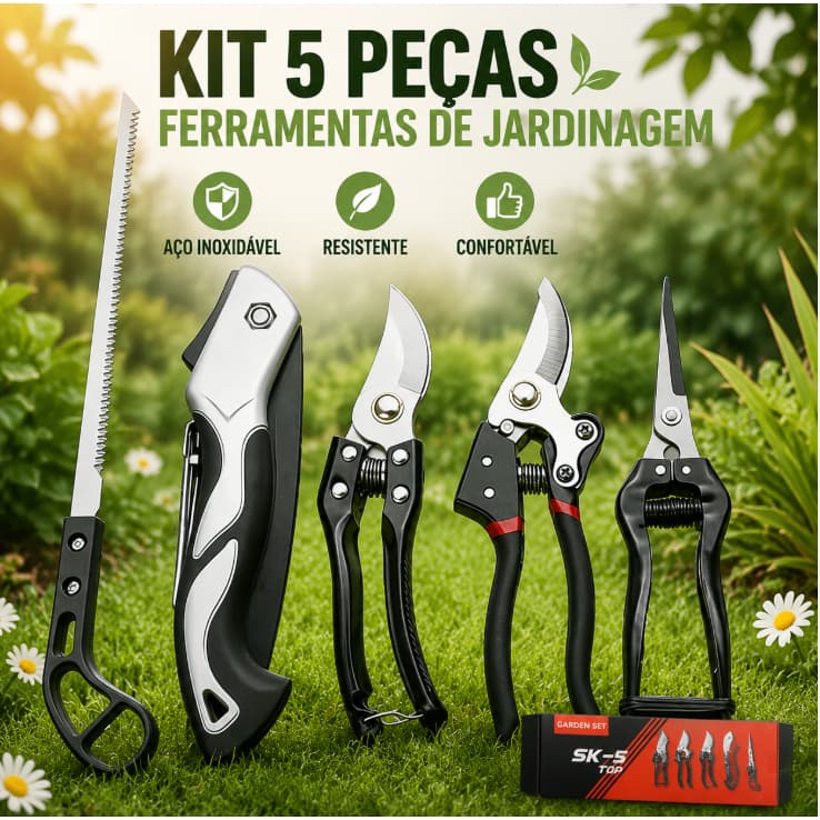 Conjunto de Ferramentas de Jardim Reforçadas em Aço Inoxidável de 5 peças - Inclui Tesouras de Poda, Tesouras de Poda