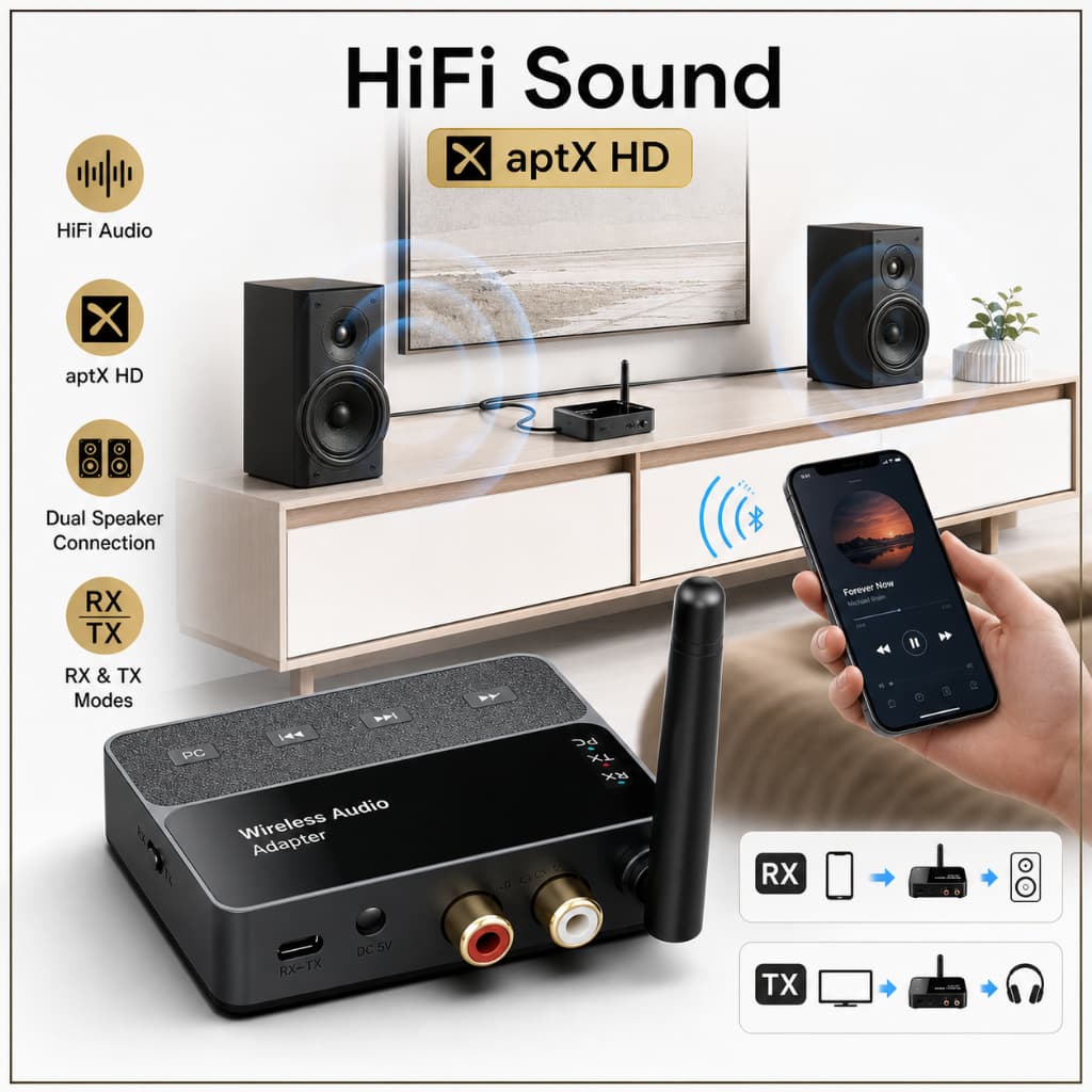 Adaptador De Áudio Bluetooth 6.0 APTX/HD/LL 3.5 Mm AUX/RCA 2 Em 1 Receptor Estéreo Sem Fio Transmissor Música