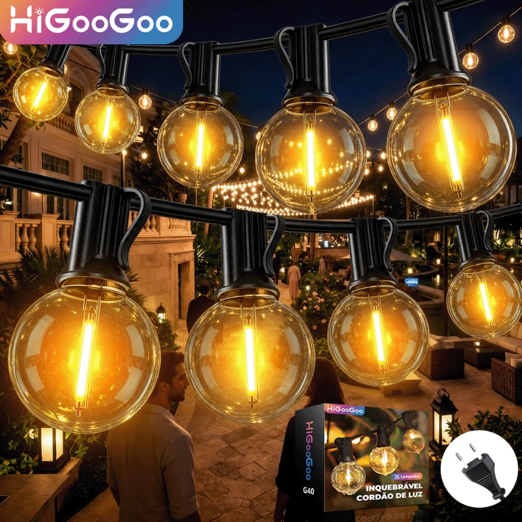 HiGooGoo G40 Varal De Luzes LED Externo 30m Com 55 Lâmpadas Inquebrável Ideal Para Casamentos Jardins Festas Decorações