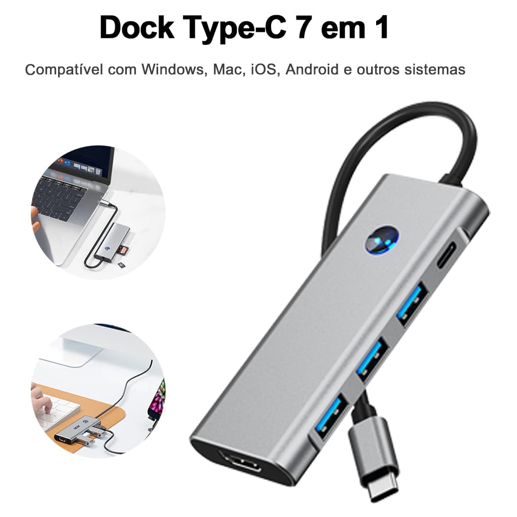 7 em 1 Dock de expansão Type-C com desligamento automático e transmissão privada de tela