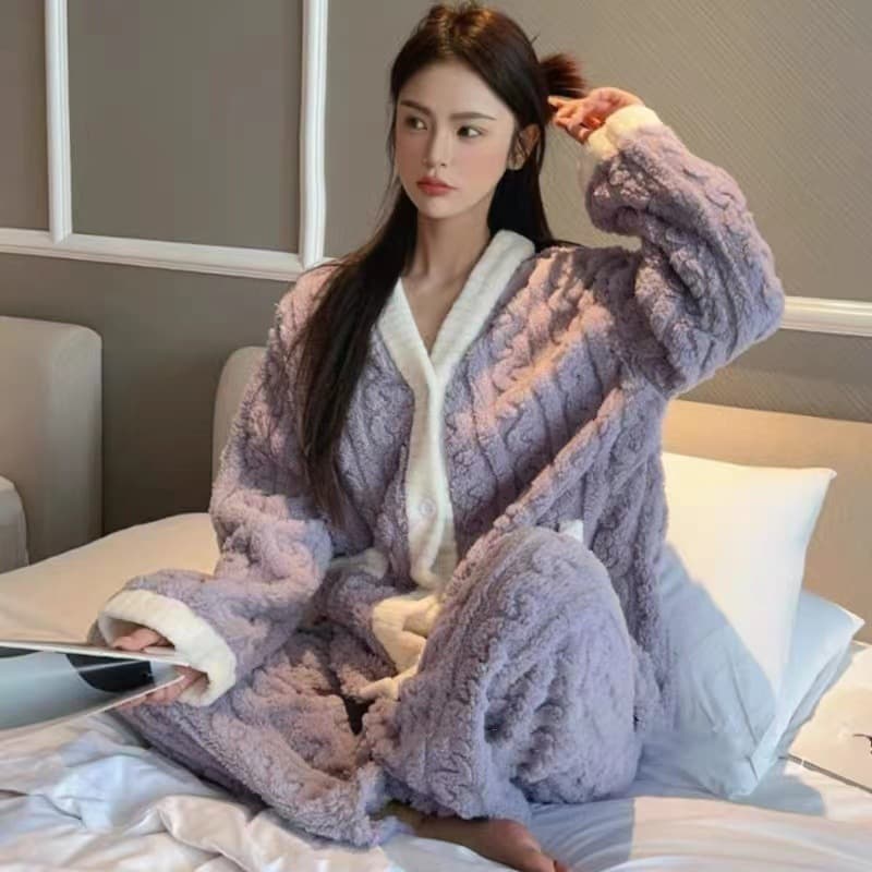 2 Pçs/Set Outono E Inverno Pijamas Feminino Engrossado Acolchoado Quente Estudantes Coral Meninas Coágulo Veludo Terno H