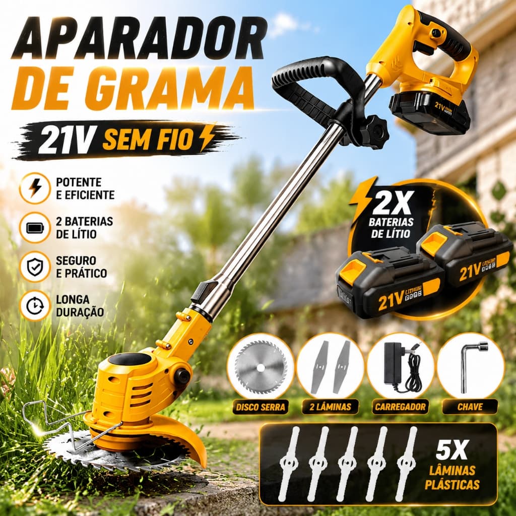 Roçadeira Elétrica 21V Sem Fio Cortador Aparador de Grama 2 Baterias