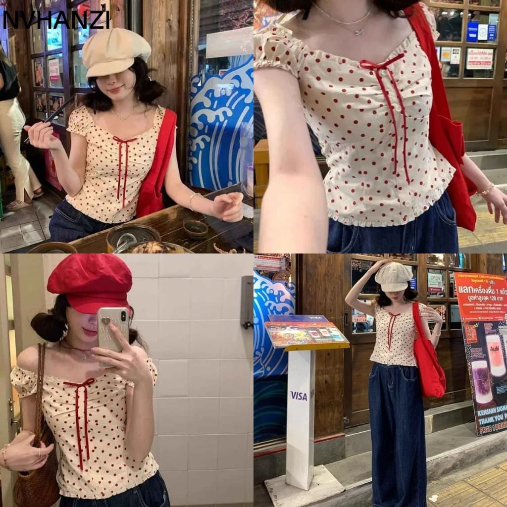 Camisa pequena feminina de verão com bolinhas vermelhas e manga bufante com gola quadrada e cintura estreita Mori