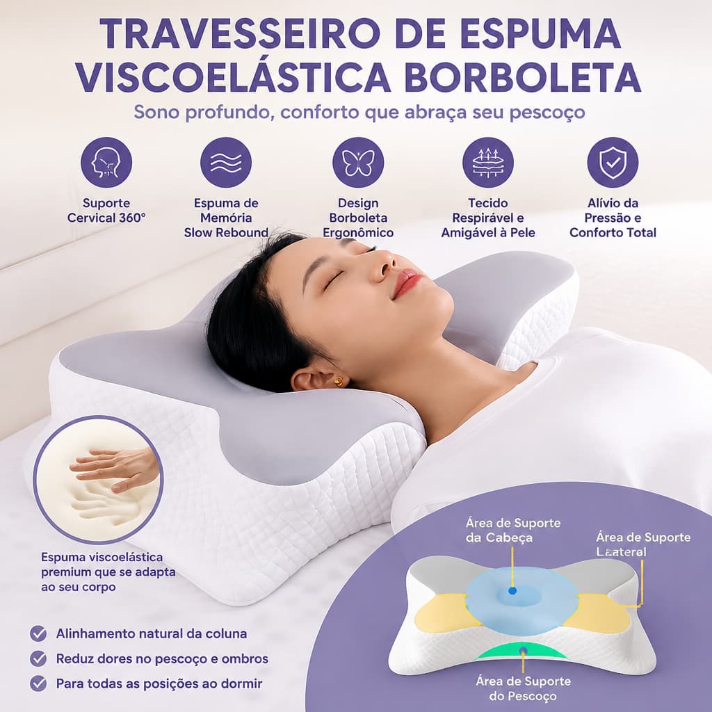 Travesseiro De Espuma Viscoelástica Borboleta-Suporte Para Coluna Cervical De Recuperação Lenta Alívio Da Dor No Pescoço