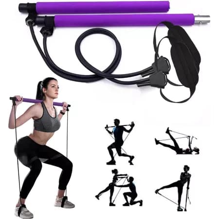 Barra de Pilates Yoga Portátil Com Elásticos Extensor Exercício Academia Treino Musculação Roxo