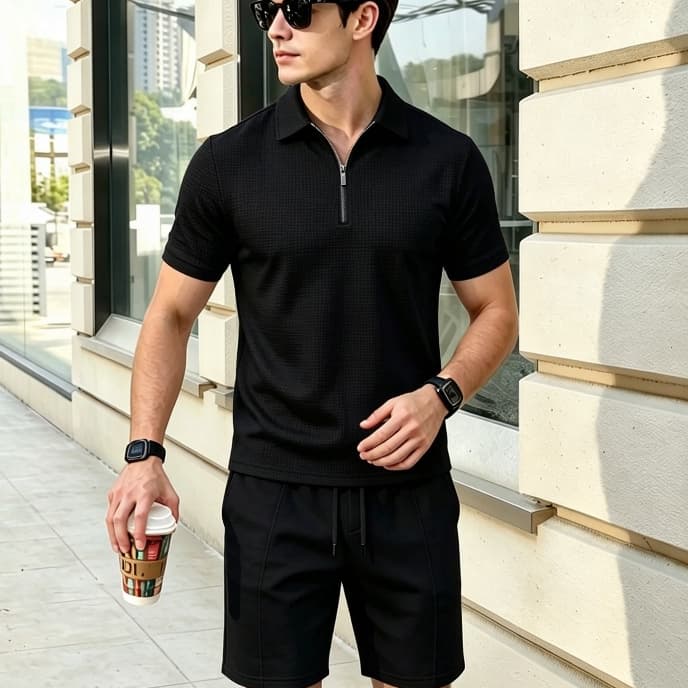 Terno de duas peças com textura Waffle masculino de verão, lapela meio zíper Polo combinando com cordão Shorts de cinco