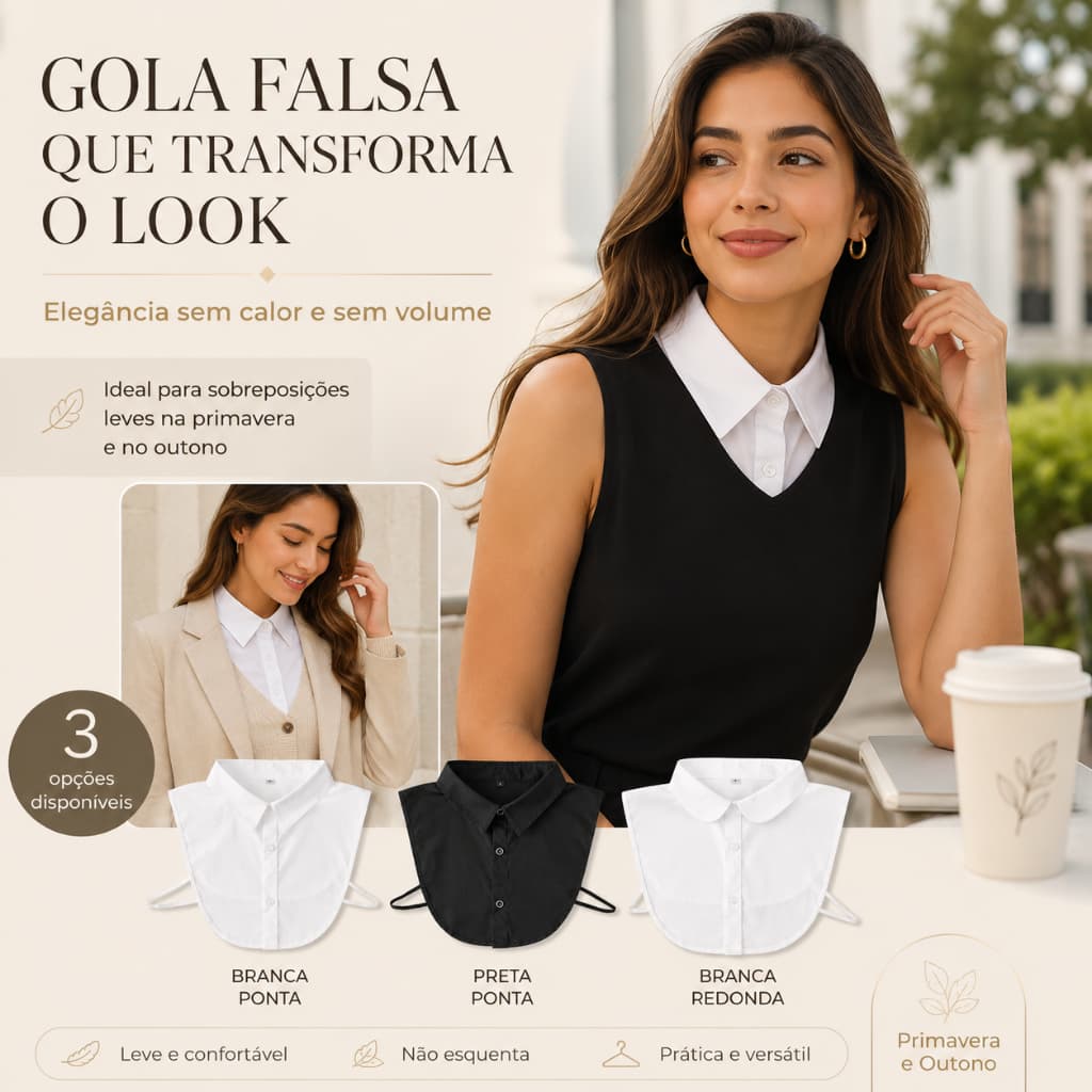 Gola Falsa Feminina Removível de Camisa Social para Sobreposição Branco Preto Gola Pontuda ou Redonda