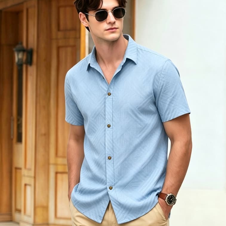 Camisa masculina de manga curta texturizada de sarja cruzada tridimensional, lapela padrão clássica, carcela retrô botõe