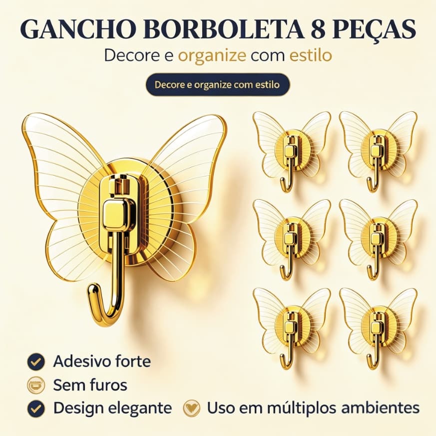 Kit Gancho Decorativo Borboleta Acrílico 8 Peças Autocolante Dourado Rose gold Prata