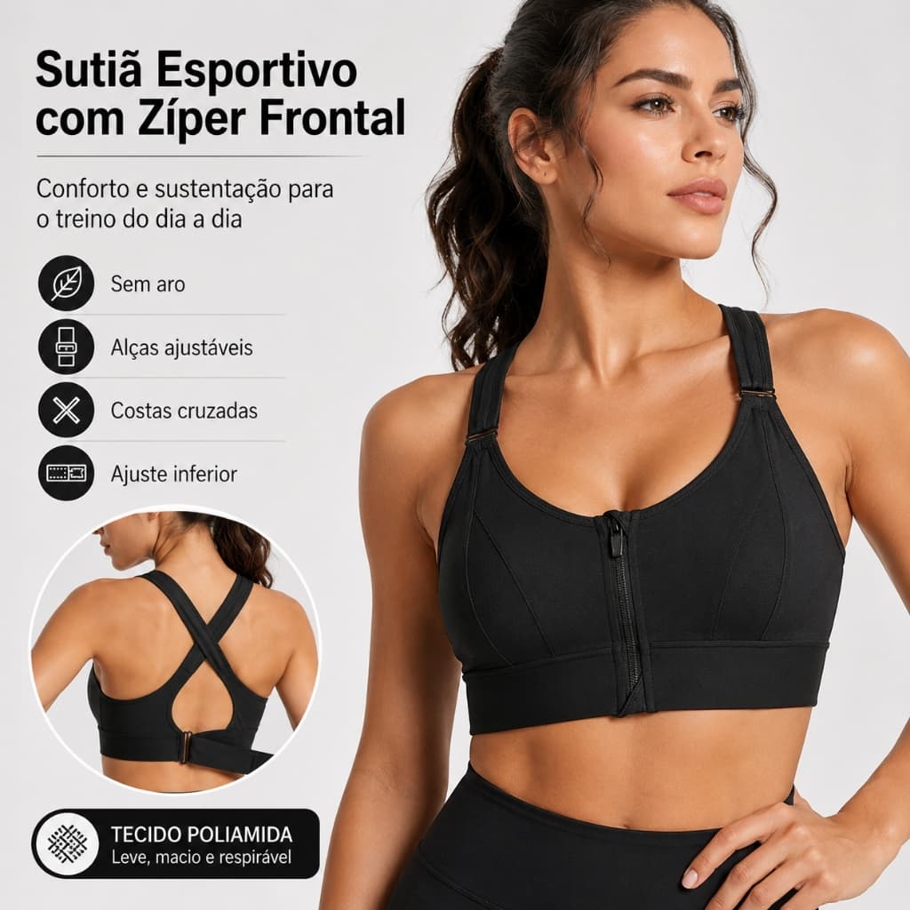 Sutiã Esportivo Feminino com Zíper Frontal Sem Aro Alças Ajustáveis Costas Cruzadas M ao 3XL