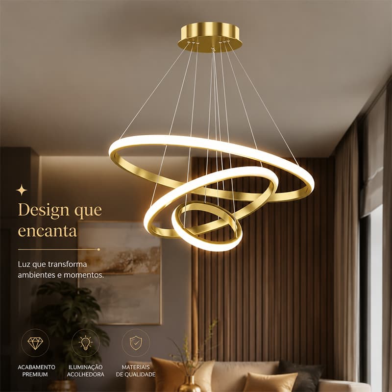 Candeeiro Suspenso LED Três Anéis, Luz Tricolor 3 em 1, Bivolt, Ideal para Sala de Estar, Cozinha e Sala de Jantar