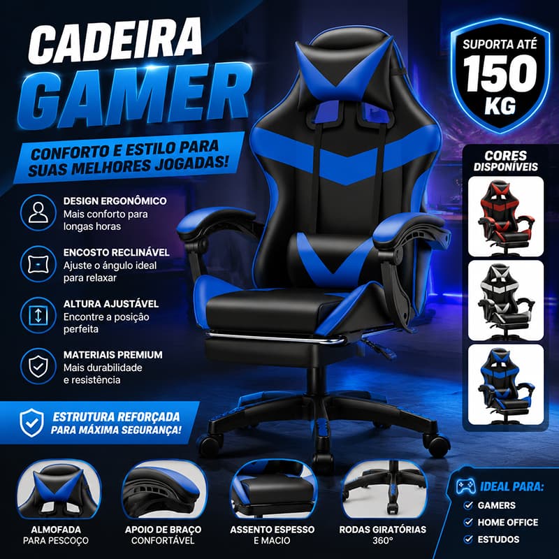 Cadeira Gamer Profissional Escritório Ergonômica Reclinável Confortável Com Apoio E Rodinha Para Pés
