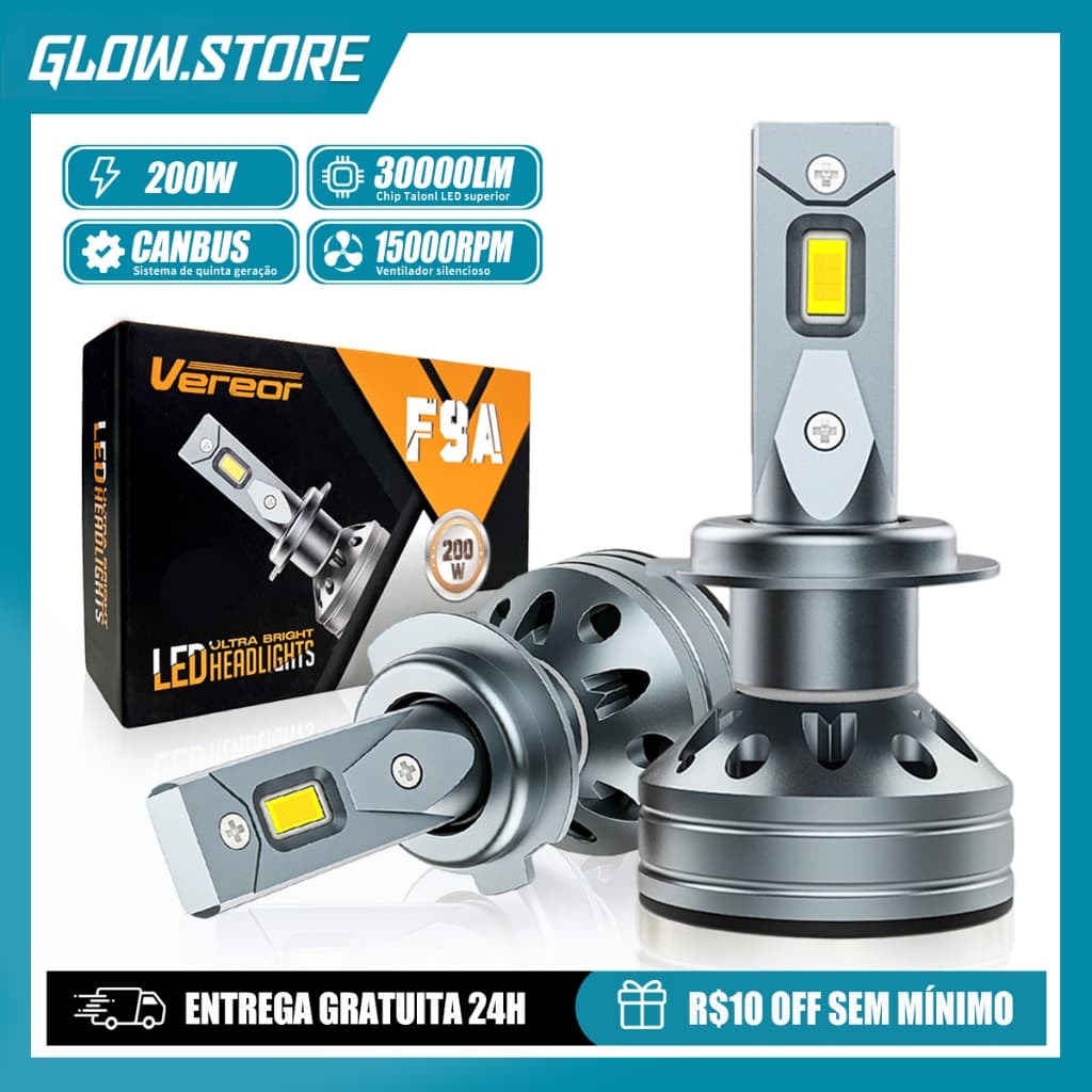 Vereor F9A Farol de carro LED super brilhante de 30000LM 200W compatível com farol H1 H3 H11Luz Brilhante