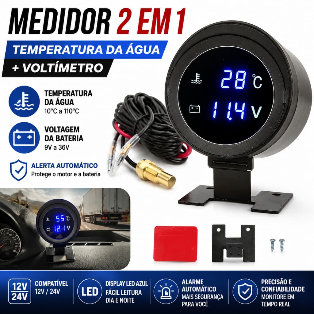 Medidor De Temperatura Água De Caminhão Digital LCD Redondo Sensor Moto + Voltímetro Voltagem 2 Em 1