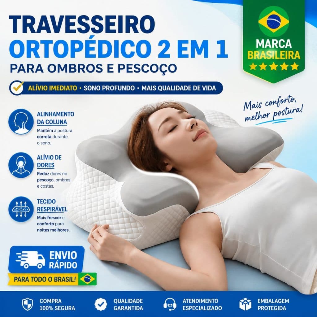TRAVESSEIRO BORBOLETA ORTOPÉDICO PESCOÇO, REDUZ ENXAQUECAS E DESCONFORTO NA COLUNA CERVICAL