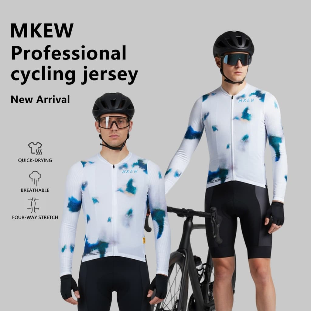 MKEW Camisa Masculina De Manga Comprida Para Ciclismo Com Tinta Azul Splash Print Base Branca De Secagem Rápida Respiráv