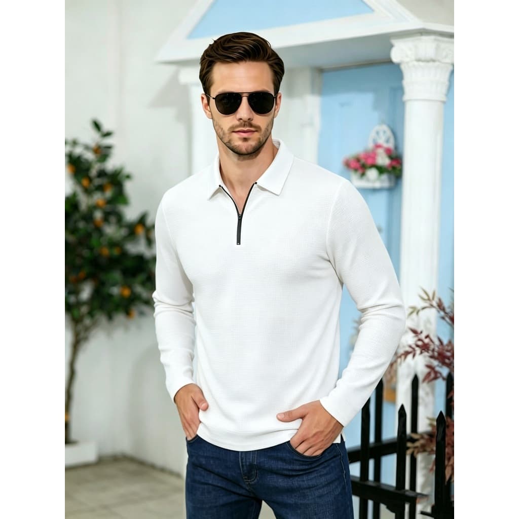 Camisa Polo masculina de manga comprida com textura Waffle, lapela clássica com carcela com zíper meio aberto, estilo Ca
