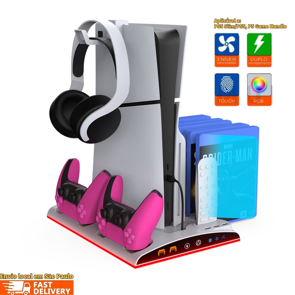 iBAOVOICE Base Carregamento Para PS5 Slim Fat Cooler Touch LED RGB Tp5-3570