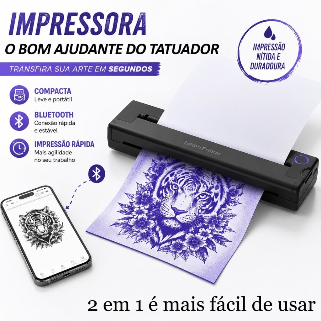 Impressora de tatuagem 2 em 1 Transferência Impressora térmica portátil A4 Bluetooth USB compatível com múltiplos sistem
