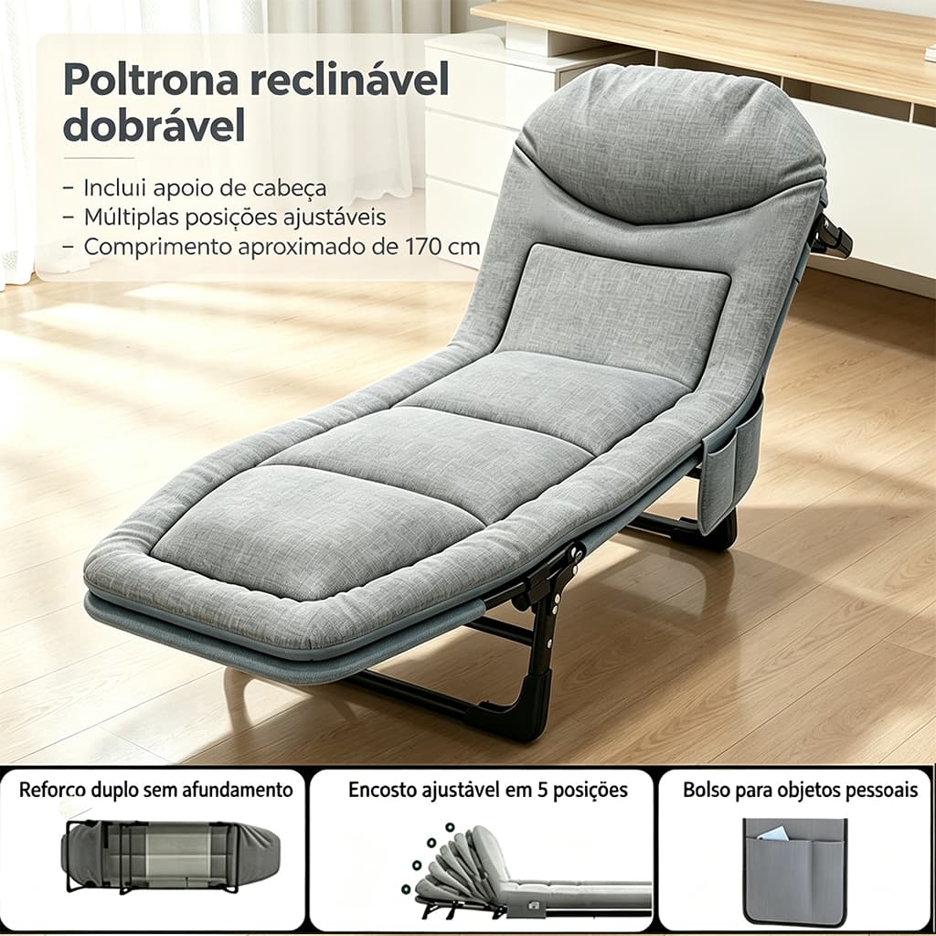 Cadeira Espreguiçadeira Cama Dobrável Reclinável Com Almofada Para Cochilo Escritório,Casa E Camping