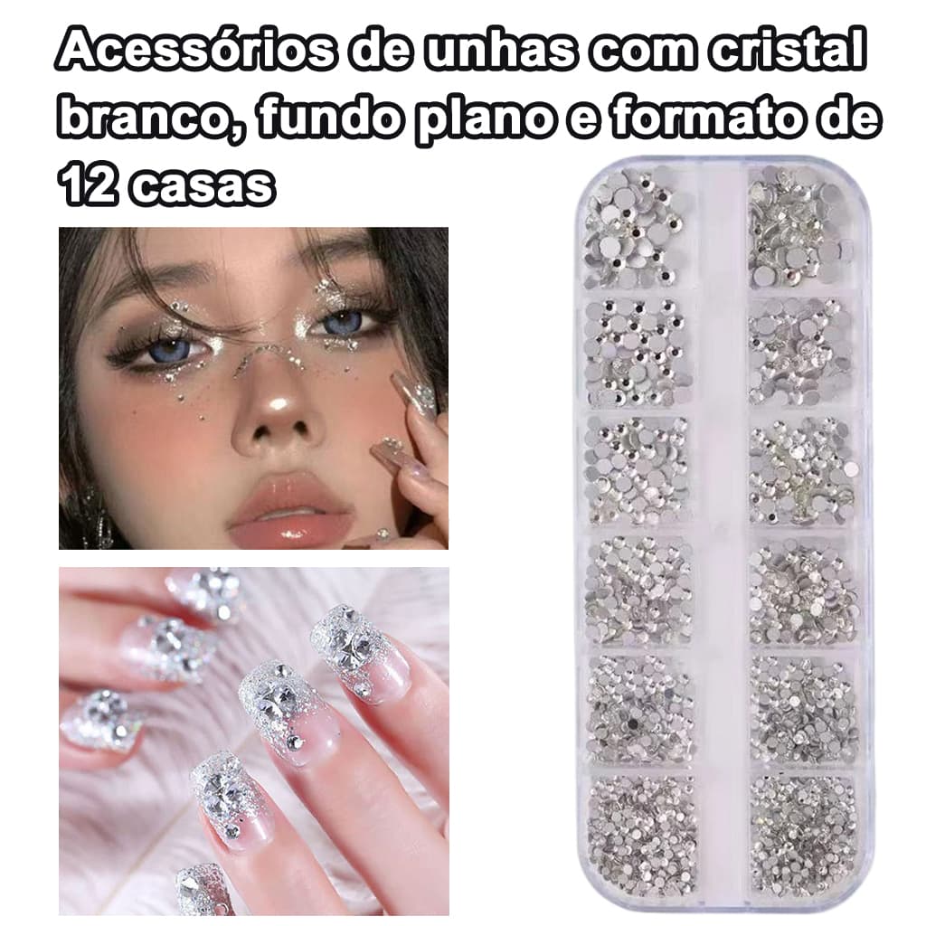 Nail art com 12 furos, base plana, branco e diamante, inclui pinças de aço inoxidável com curva