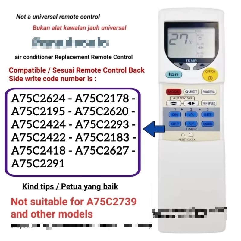 Para Substituir Panasonic Aircond Íon Ar Condicionado Controle Remoto Substituição A75C2624 A75C2178 A75C2195 A75C2620
