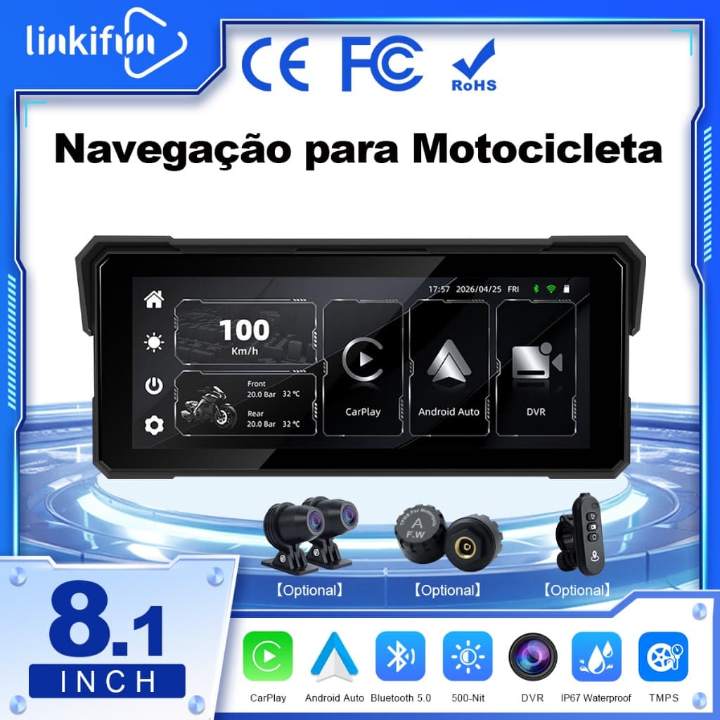 Linkifun MT81 Tela 8,1" para Moto, CarPlay/Android Auto Sem Fio, Espelhamento, IP67, DVR e TPMS Opcionais