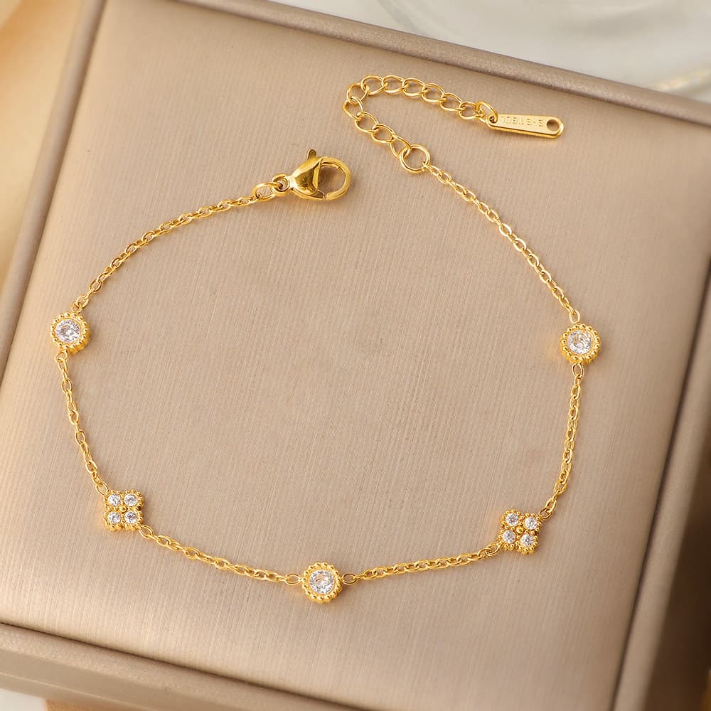 Moda europeia americana pequena flor imitação de pedra simples pulseira dourada combinada