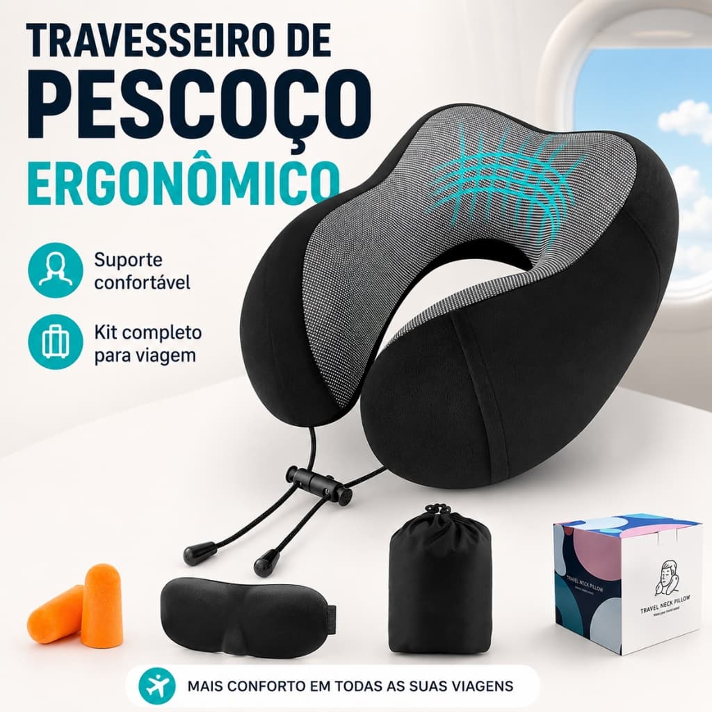 Kit Viagem Travesseiro Almofada U Viagem Espuma Viscoelástica E Máscara Tapa Olho E Protetor Auricular